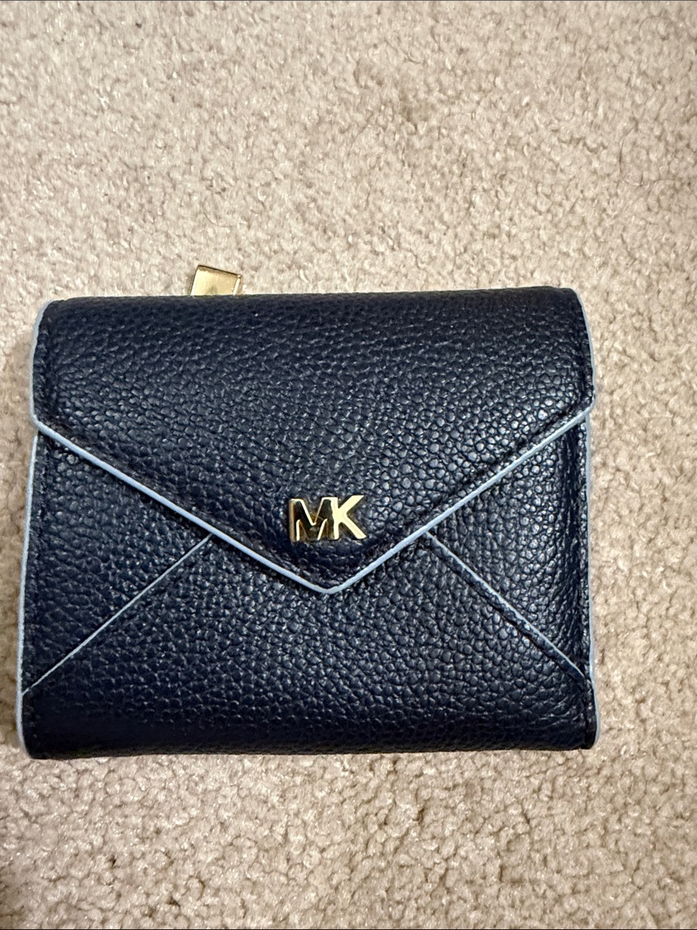 Michael Kors Navy Pebbled Leather Envelope Wallet with Gold MK Logo